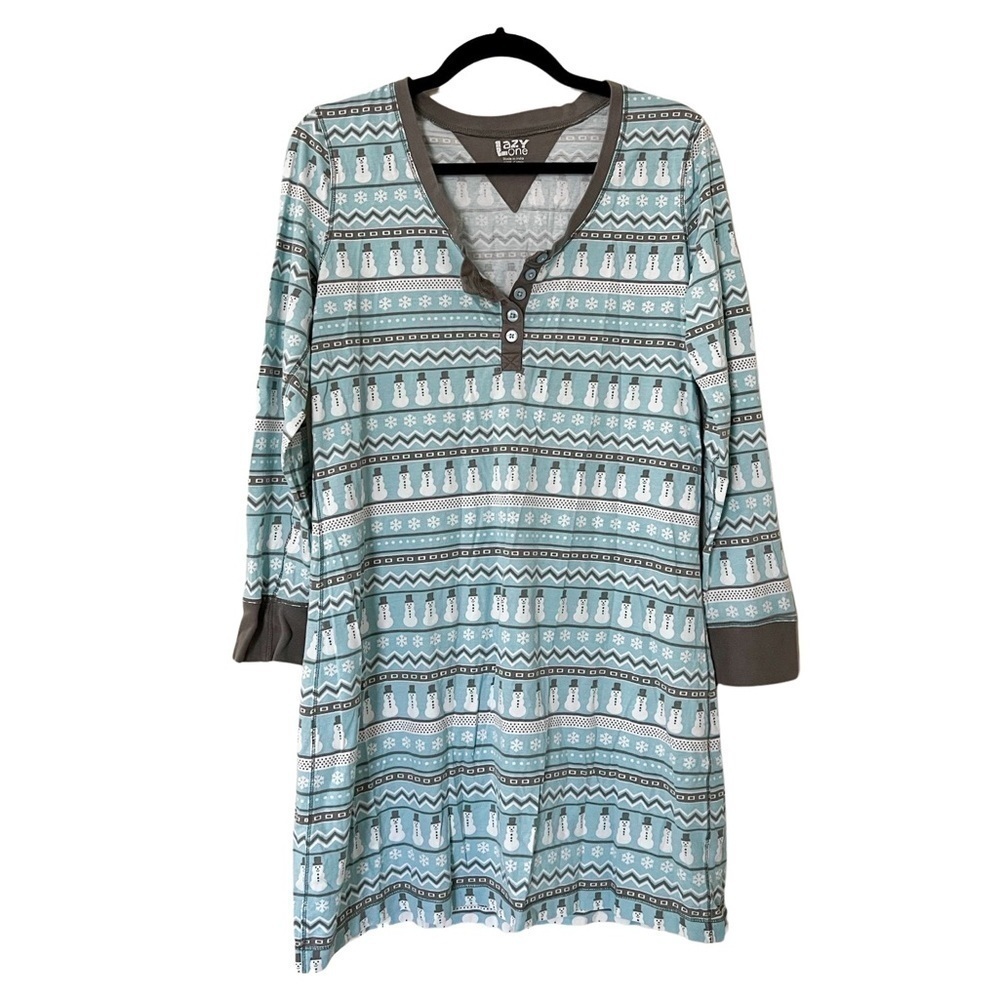 LAZY ONE Pajama Long Sleeve Shirt Nordic Snowman Christmas Print Light Blue S/M - Picture 2 of 5